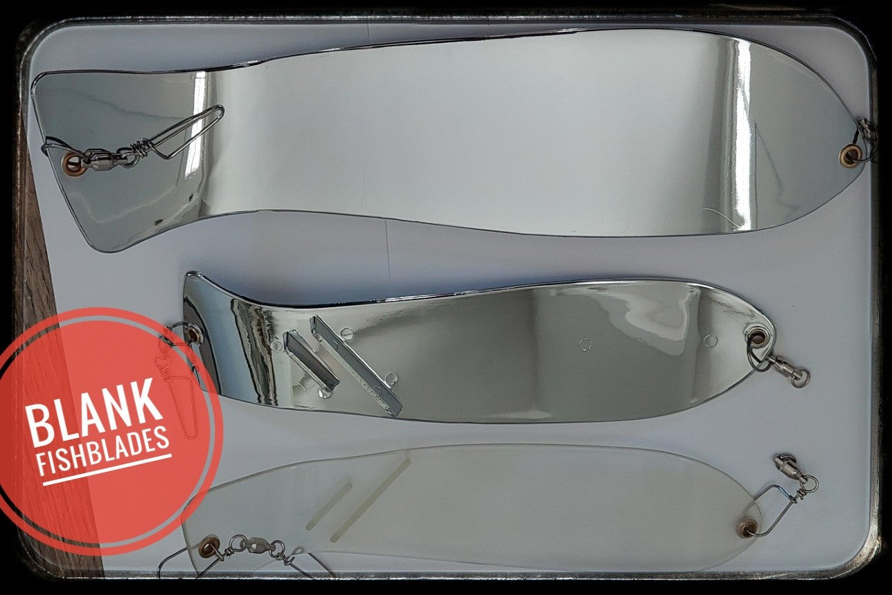 Ice Strong Outdoors - 10" Chrome / Glow Dual Fin and NO Fin Options Fishblades  PERSONALIZED!