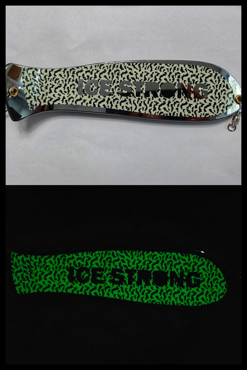 Ice Strong Outdoors - 10" Chrome / Glow Dual Fin and NO Fin Options Fishblades  PERSONALIZED!