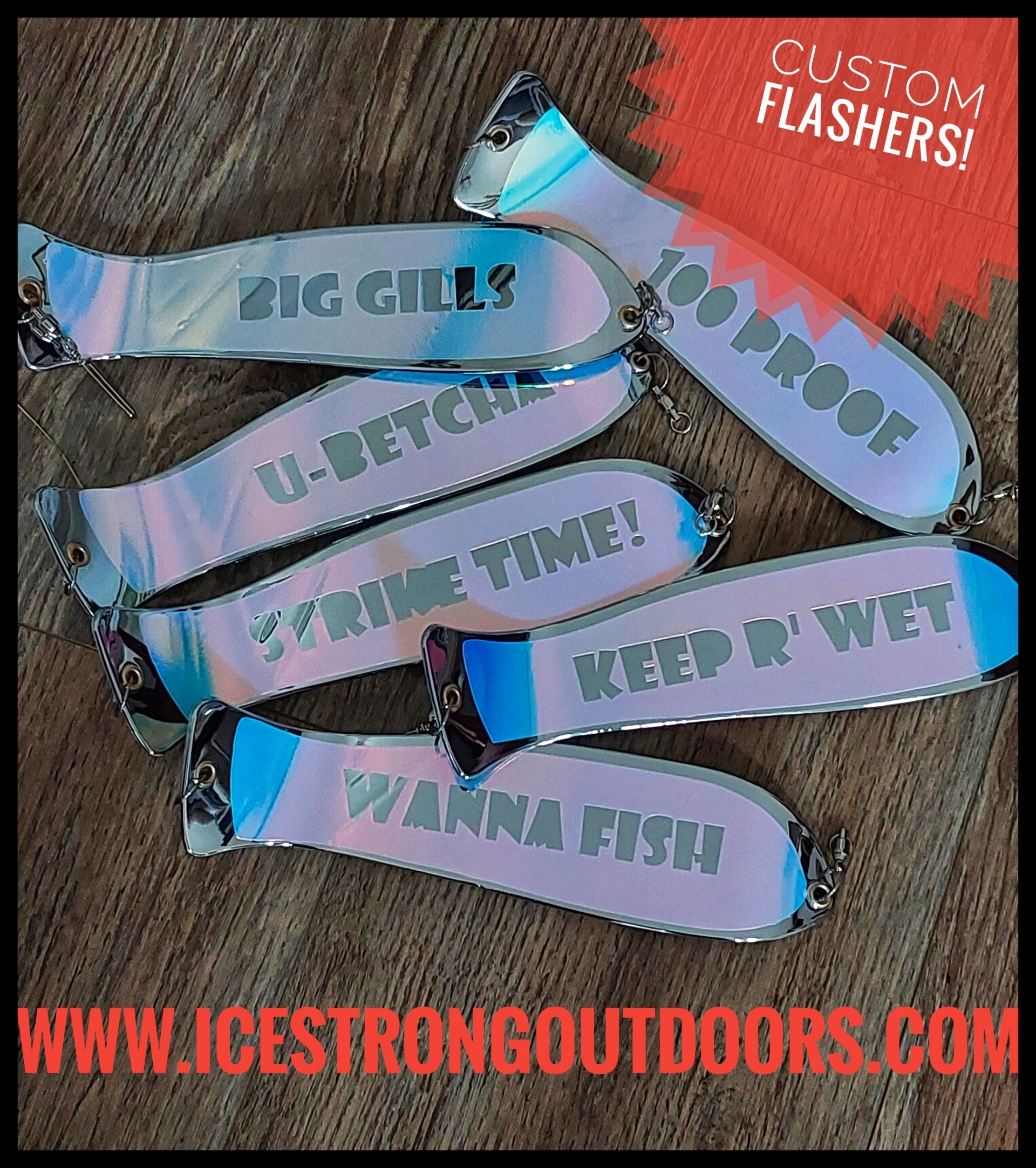 Ice Strong Outdoors - 10" Chrome / Glow Dual Fin and NO Fin Options Fishblades  PERSONALIZED!