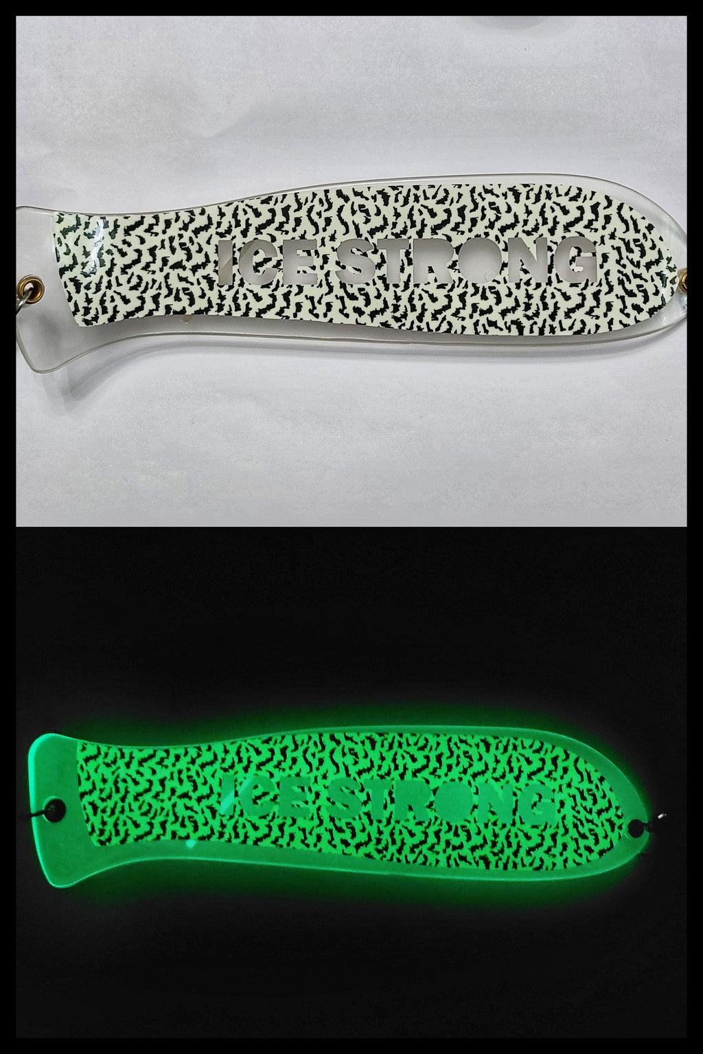 Ice Strong Outdoors - 10" Chrome / Glow Dual Fin and NO Fin Options Fishblades  PERSONALIZED!