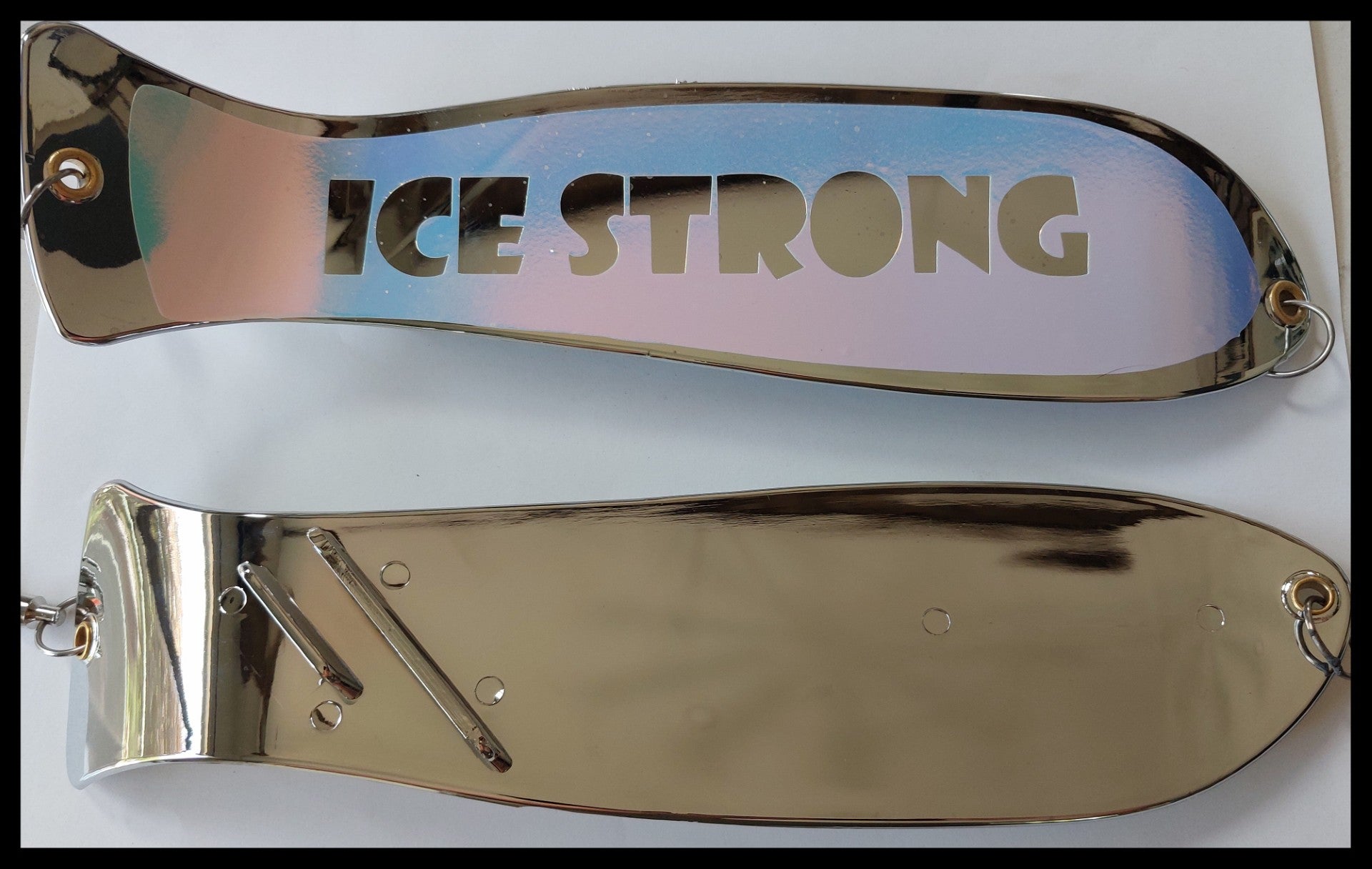 Ice Strong Outdoors - 10" Chrome / Glow Dual Fin and NO Fin Options Fishblades  PERSONALIZED!
