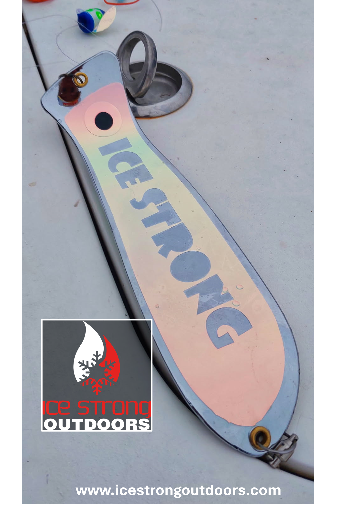 Ice Strong Outdoors - 10" Chrome / Glow Dual Fin and NO Fin Options Fishblades  PERSONALIZED!