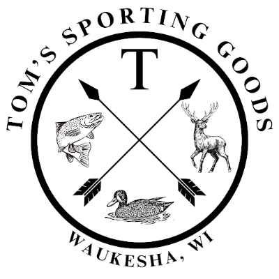 Logo of Tom's Sporting Goods with hunting-themed illustrations and text.